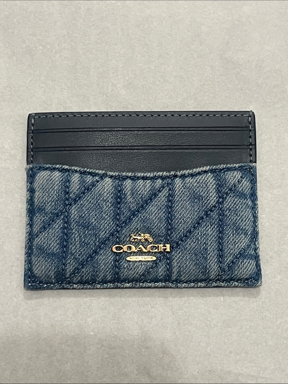 COACH Blue Quilted Denim and Black Leather Card Case with Gold Logo